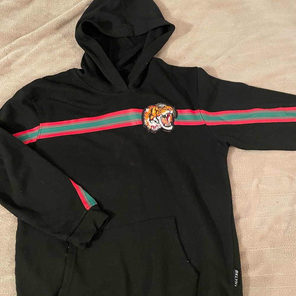 Black Hooded Sweater with Tiger Embroidery